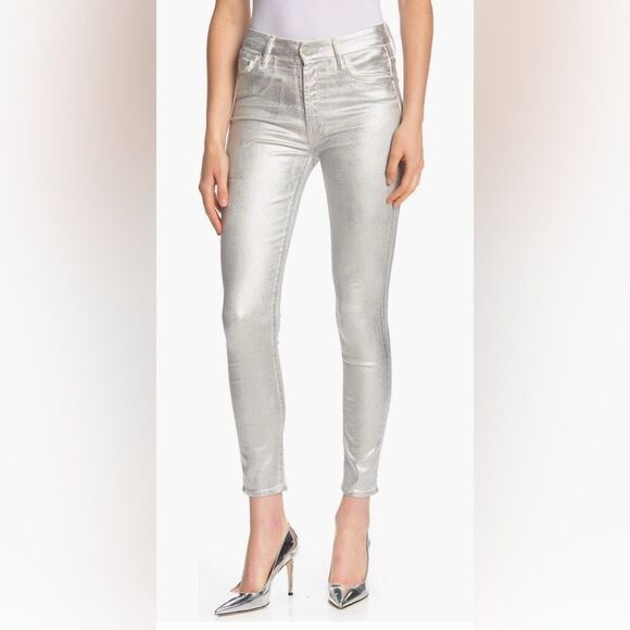 MOTHER High Waisted Looker Ankle Women’s Jeans in Silver Linings Sparkle Size 27 - Picture 1 of 11